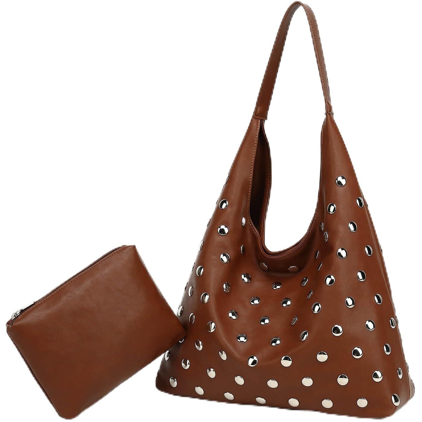 3334 Studded Hobo Bag , Vintage Vegan Leather Tote Purse, Ultra Soft